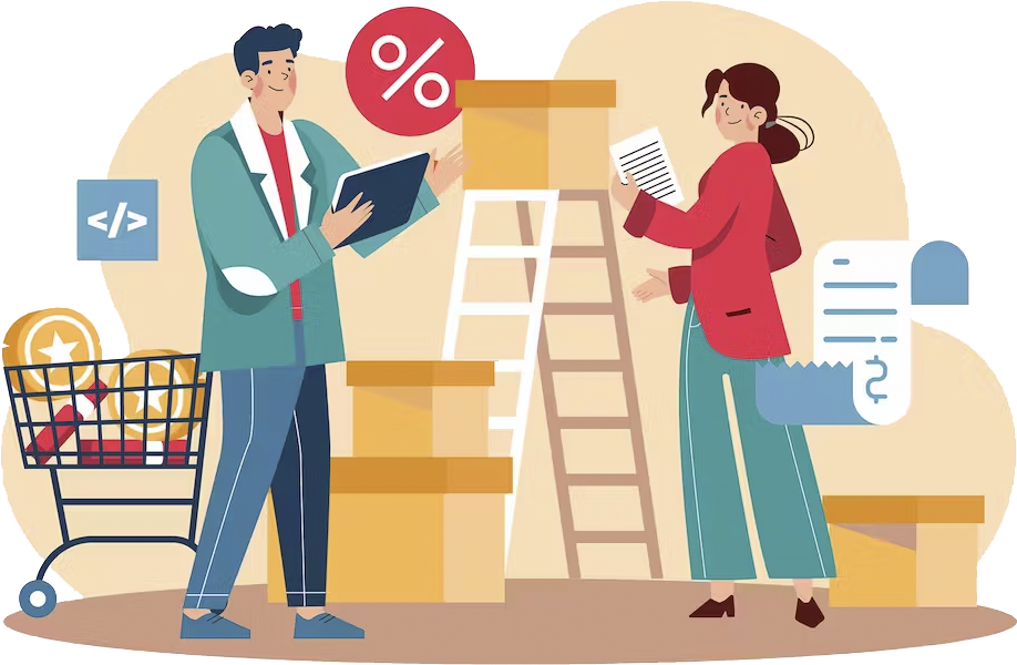 Illustration représentant un homme expliquant des fonctionnalités à une cliente