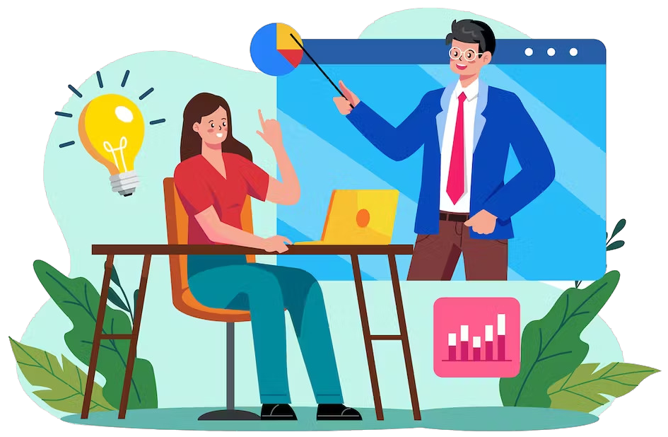 Illustration représentant un homme expliquant des fonctionnalités à une cliente